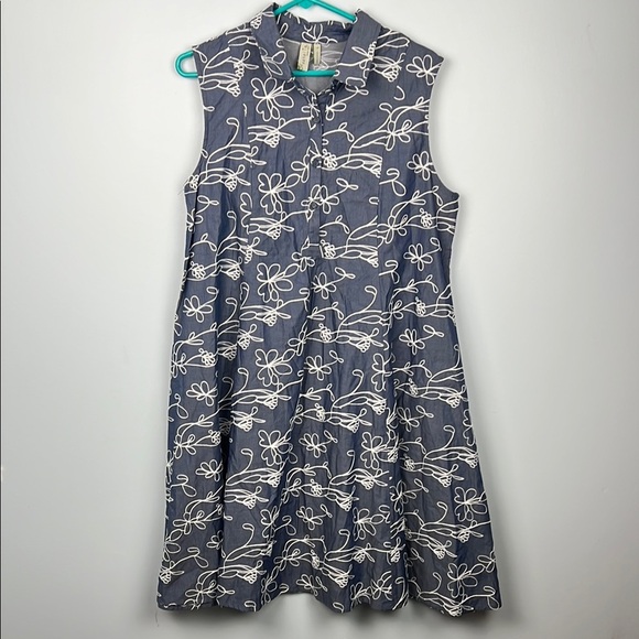 Sahalie large embroidered sleeveless collared a-line women’s dress 100% cotton - Picture 1 of 10